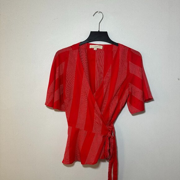 LOFT Red & White Striped Wrap Peplum Top Short Sleeve Blouse S - Picture 2 of 5